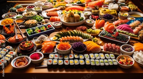 seafood on the table, seafood with sushi on the table, designed seafood close-up, japanese food on the table