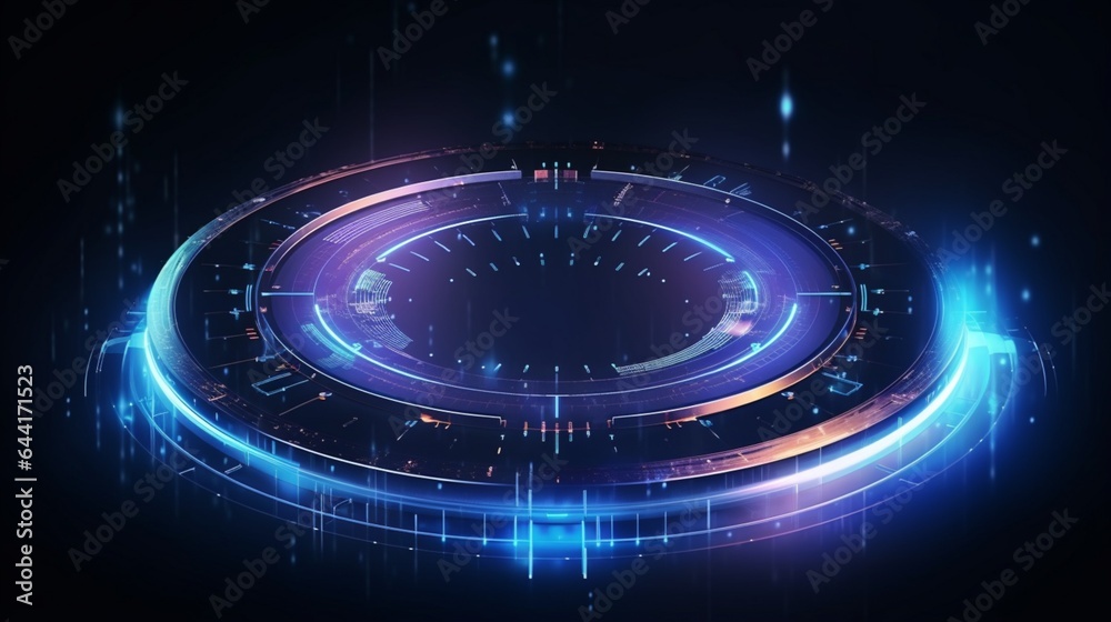 Abstract futuristic object . HUD elemet . 3D hologram display consist of glowing particles and blurred circles . Nanotechnology machine . Vector science and technology illustration Abstract futuristic object . HUD elemet . 3D hologram display consist of glowing particles and blurred circles . Nanotechnology machine . Vector science and technology illustration