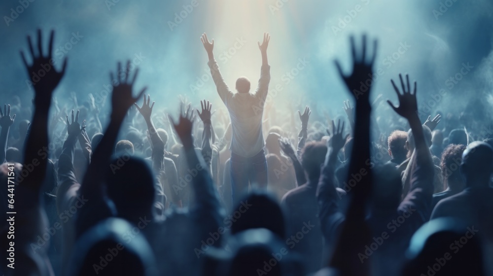 Photo of a lively crowd raising their hands in excitement or celebration