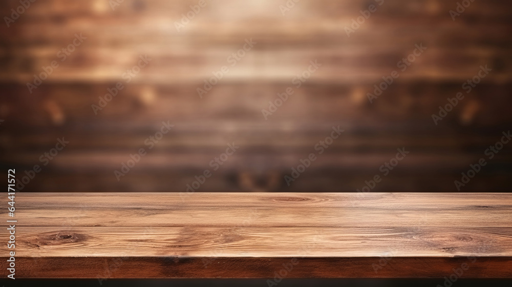 Empty wooden table and blurred bokeh copyspace background. Product display montage Empty wooden table and blurred bokeh copyspace background. Product display montage