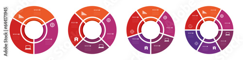 Set of round infographic charts, vector templates. Circles with 3, 4, 5 and 6 options. Circular charts. Process charts, cycle diagrams for business presentation, report, data visualization. Vector col