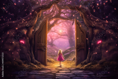 Photographie Petite fille aux portes d'un monde enchanté dans la forêt la nuit
