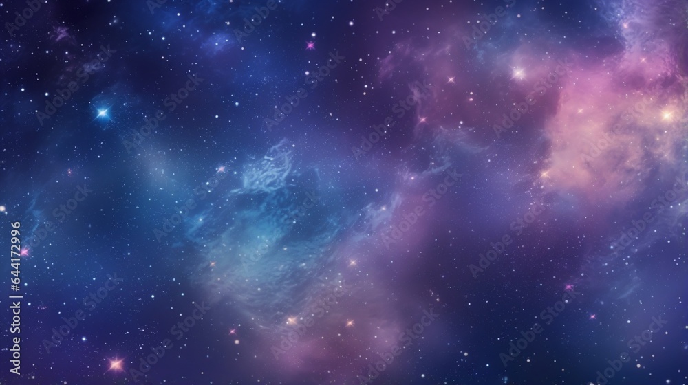 Abstract night sky with glitter sparkle stars and nebula, colorful blue and purple galaxy space universe background
