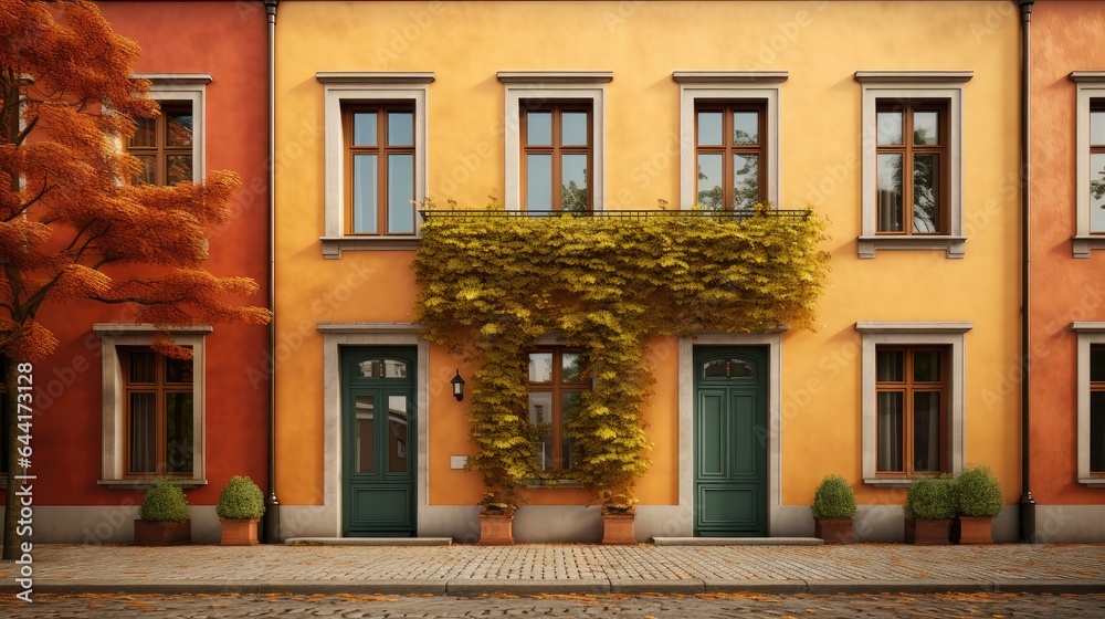 a vibrant hotel with balconies against the backdrop of traditional private townhouses decked out in rich autumn hues. a vibrant hotel with balconies against the backdrop of traditional private townhouses decked out in rich autumn hues.