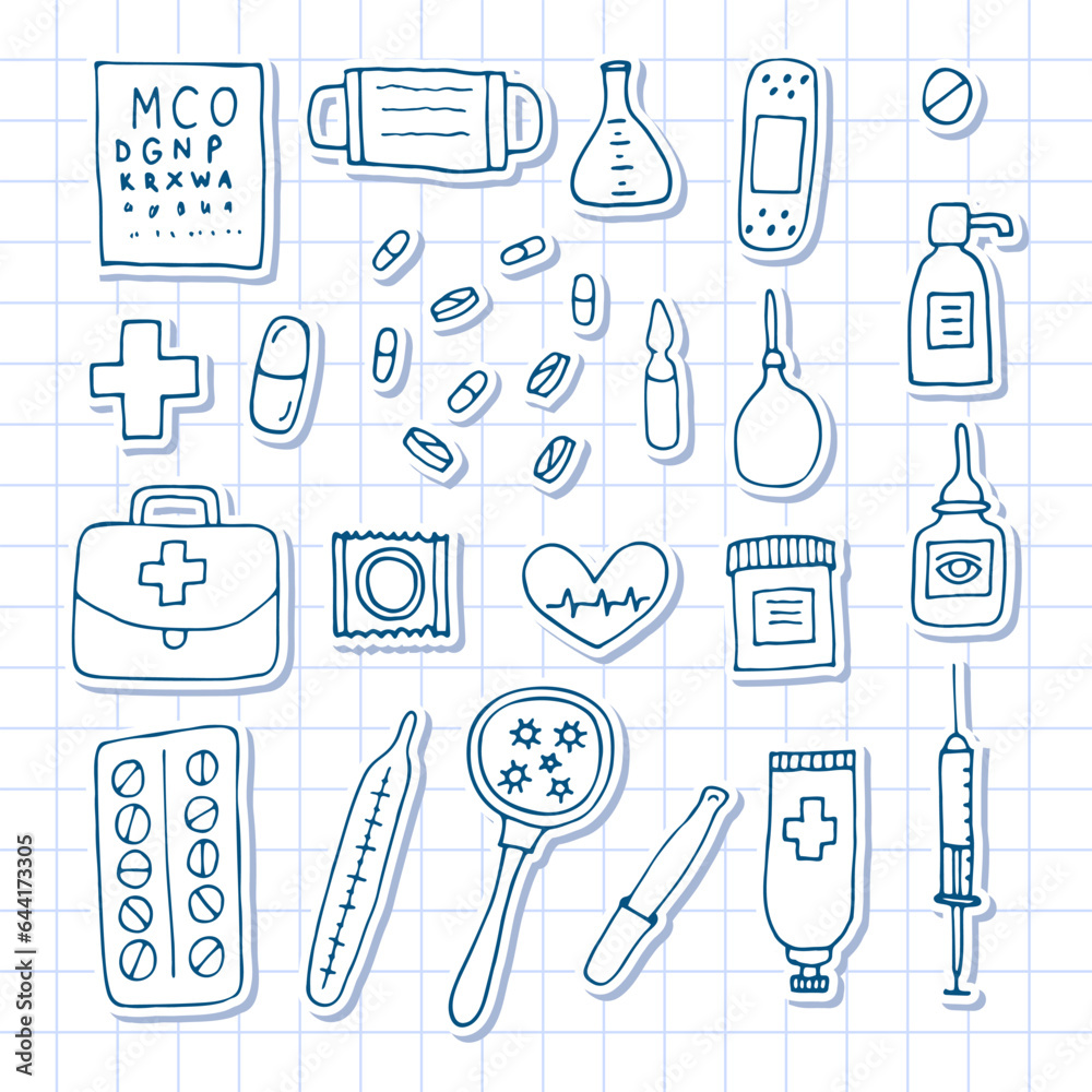 Hand drawn medicine icons. Health care, pharmacy, first aid. Outline design. Doodle style. Stickers Hand drawn medicine icons. Health care, pharmacy, first aid. Outline design. Doodle style. Stickers