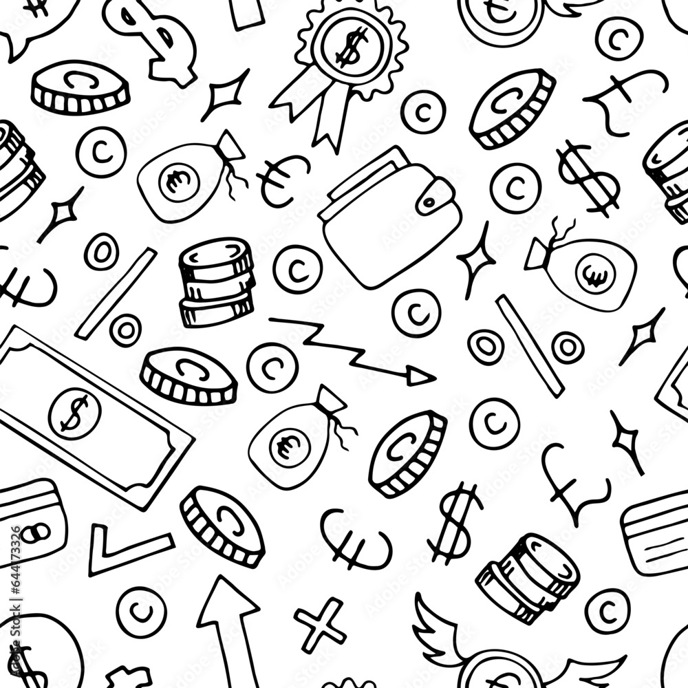 Hand drawn seamless pattern with business and finance elements. Investment. Doodle, sketch style. Money background Hand drawn seamless pattern with business and finance elements. Investment. Doodle, sketch style. Money background