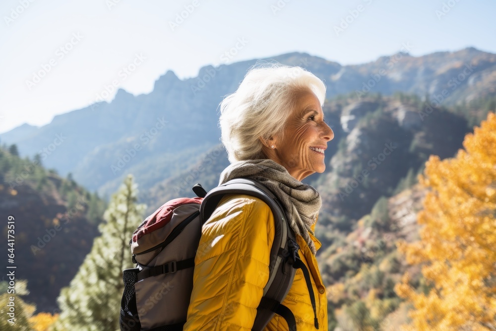 An elderly woman hiking in the mountains.
