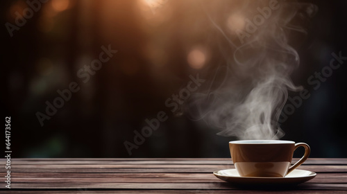 View of a tabletop with a cup of steaming coffee on a blurred background