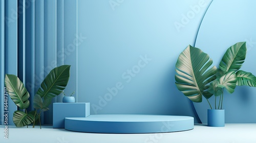 3d blue tropical leaf podium product display background landscape © Fadil