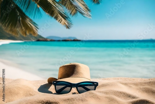 Close-up view of cap and glasses  Sand beach with a blue sky and a turquoise sea in the distance  HD background