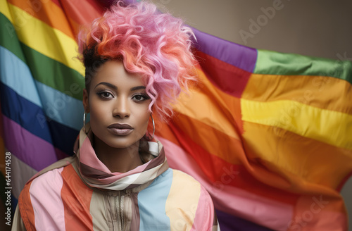 Portrait of a person with a pride flag with pink hair, diverse expressive portraits