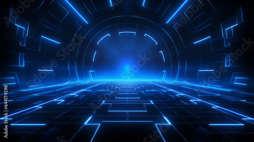 Futuristic room dark blue spaceship interior with glowing neon tunnel lights