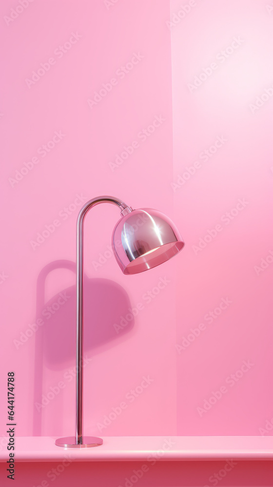A pink room with a lamp on a pink shelf