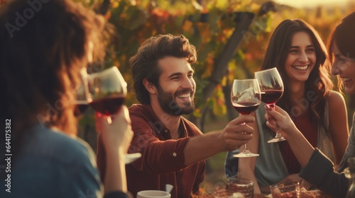 Friends toasting red wine glass and having fun cheering at winetasting experience. Young people enjoying harvest time together outside at farm house vineyard countryside, Generative AI
