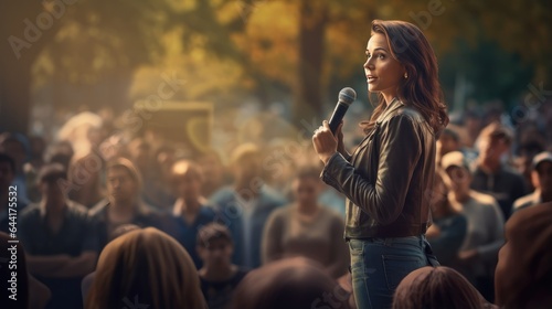 Dynamic Public Speaking, female leader speaking to a diverse audience outdoors, against a backdrop of enthusiastic listeners and a professional microphone.