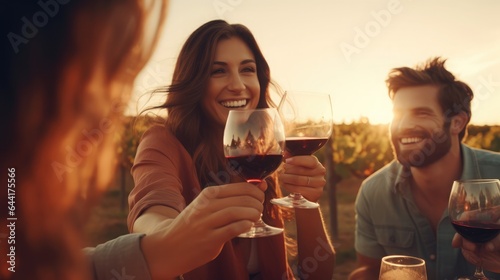 Friends toasting red wine glass and having fun cheering at winetasting experience. Young people enjoying harvest time together outside at farm house vineyard countryside, Generative AI
