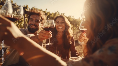 Friends toasting red wine glass and having fun cheering at winetasting experience. Young people enjoying harvest time together outside at farm house vineyard countryside, Generative AI