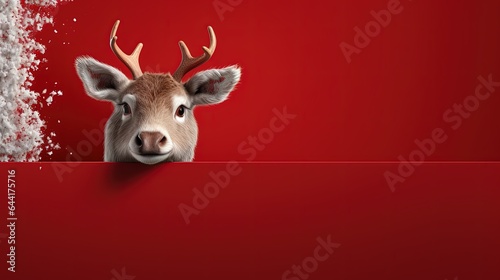 Reindeer, head with antlers on a red bright background. Festive Christmas card, banner for advertising with copy space. New Year's symbol of Santa's helpers. © NESSDesign