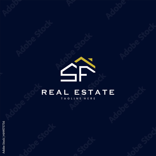 modern SF letter real estate logo in linear style with simple roof building in blue
