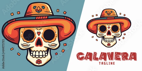Hand-drawn doodle illustration of a cute skull with a Mexican hat, presented as a cartoon logo for a Calavera mascot