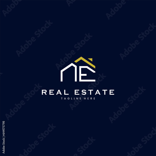 modern NE letter real estate logo in linear style with simple roof building in blue