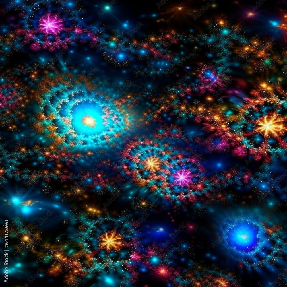 Multi-colored fractal galaxies in space.