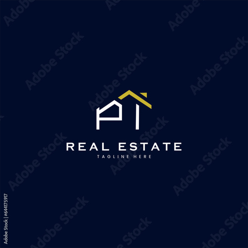 modern PI letter real estate logo in linear style with simple roof building in blue