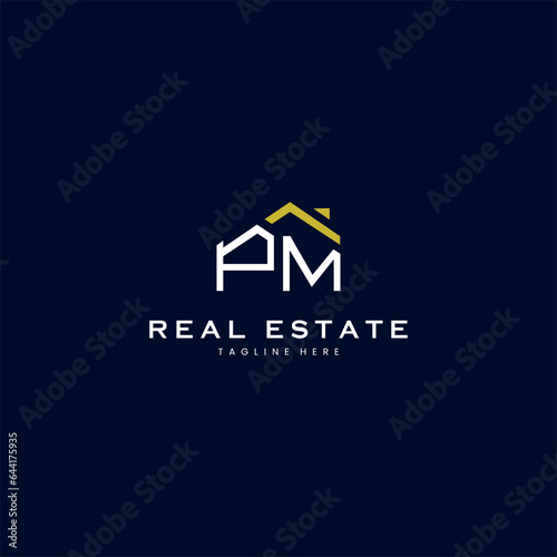 modern PM letter real estate logo in linear style with simple roof building in blue