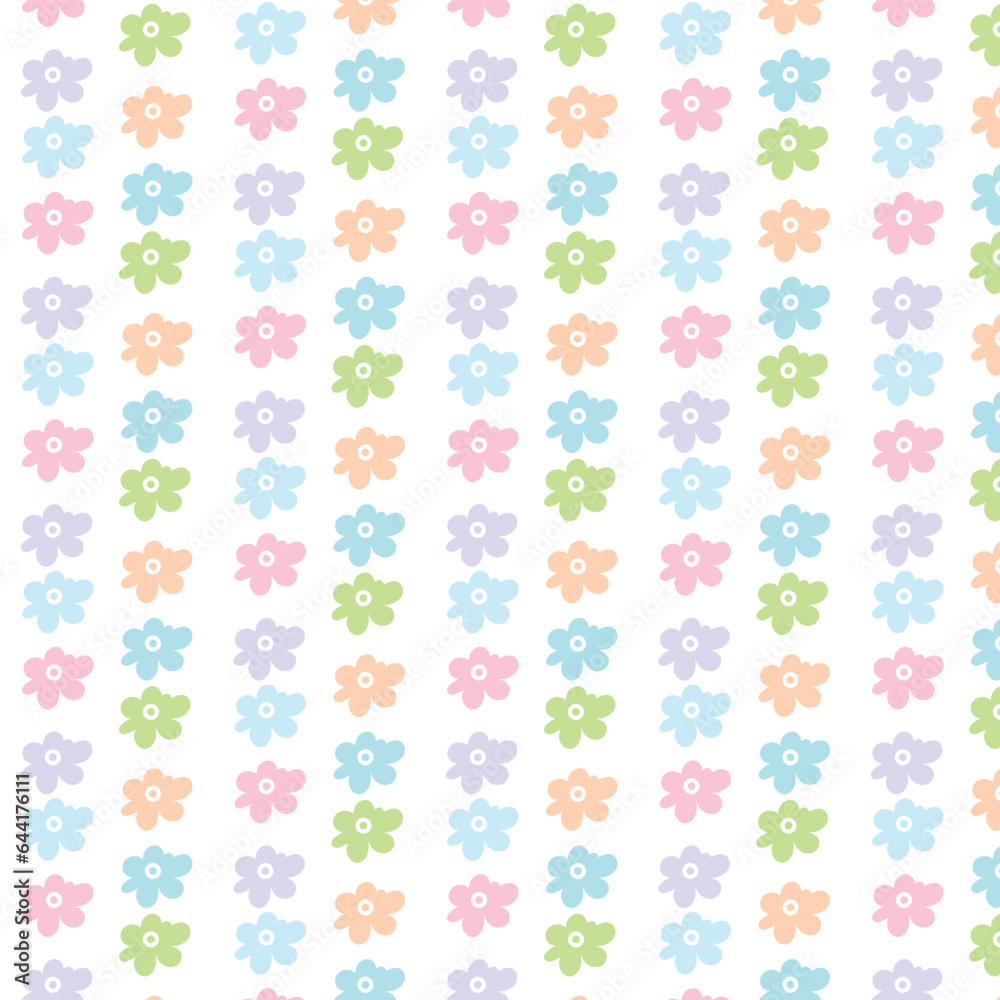 Cute daisy flower seamless pattern with colorful rainbow, purple,  blue,  green, yellow, orange, and pink on a white background vector.