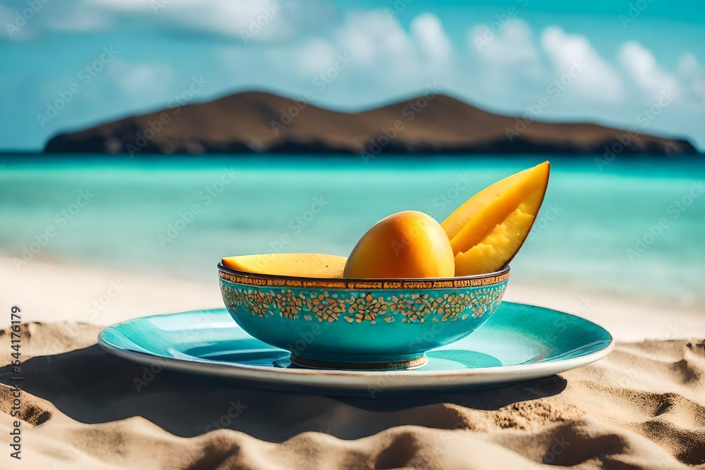 Obraz premium Close-up of delicious mango in the vintage plate, Sand beach with a blue sky and a turquoise sea in the distance.