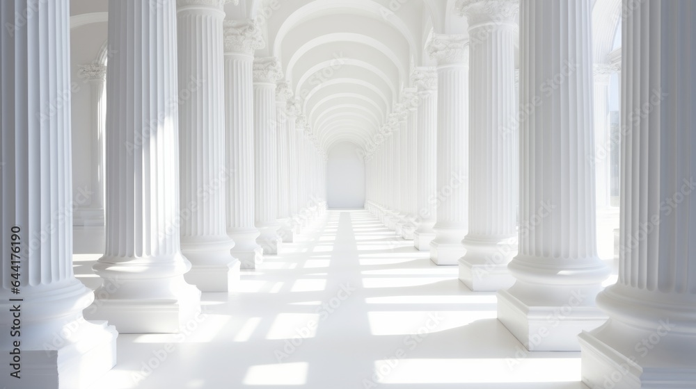 A grand hallway with symmetrical rows of columns