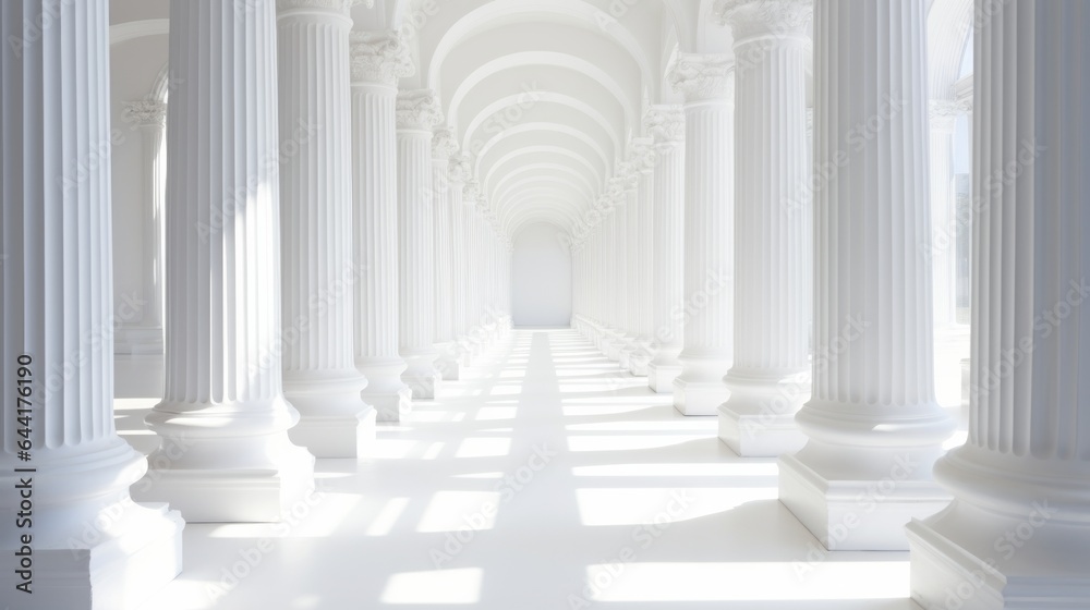 A grand hallway with symmetrical rows of columns A grand hallway with symmetrical rows of columns