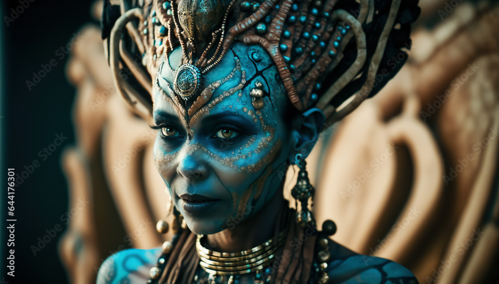 Sinister and beautiful shaman/witch face with tribal ethnic patterns, tattoo, dreadlocks and jewelry. Mystical horor concept. Sinister and beautiful shaman/witch face with tribal ethnic patterns, tattoo, dreadlocks and jewelry. Mystical horor concept.