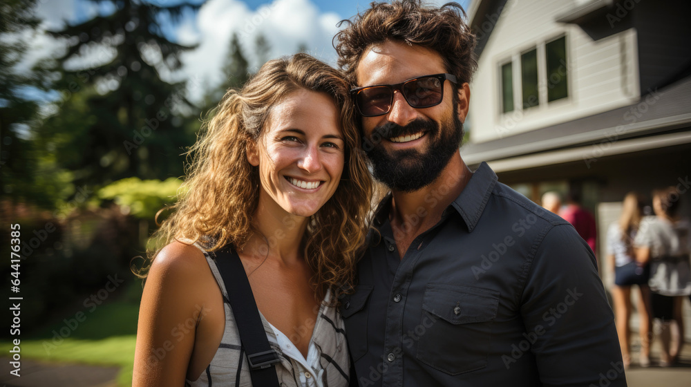 Summer, smiling mixed couple standing in the driveway of a large house. Generative AI Summer, smiling mixed couple standing in the driveway of a large house. Generative AI