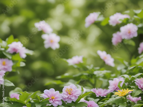 the lush greenery vibrant flowers blurred background. ai generative © Big