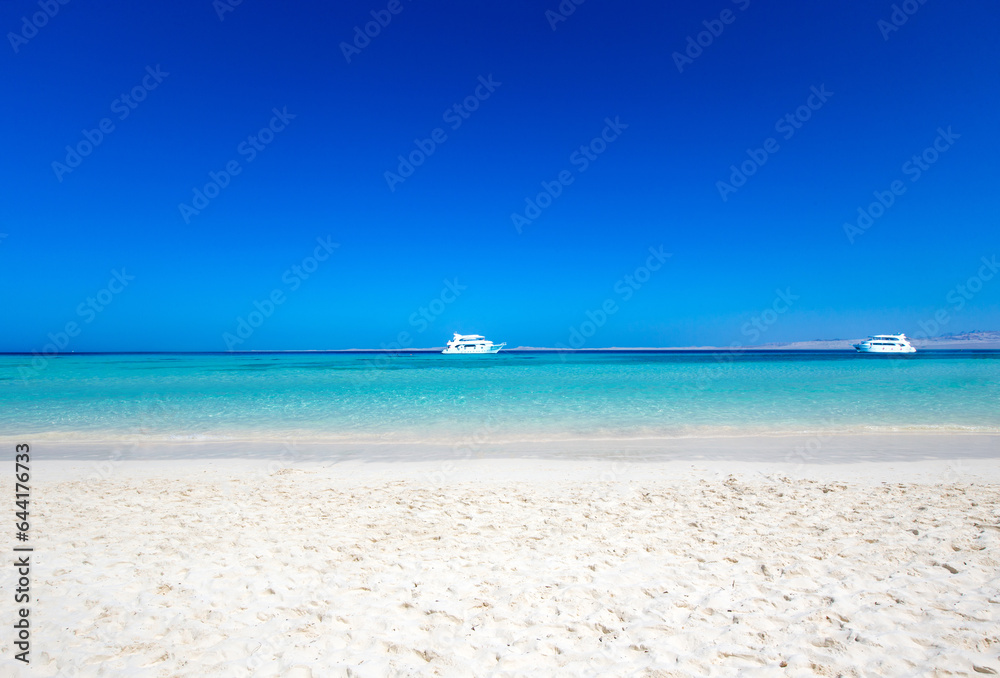 tropical island with white sandy beach and sea