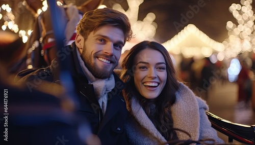Happy couple taking a horse-drawn carriage ride in Christmas lights, romantic holiday outing, festive carriage tour © gfx_nazim