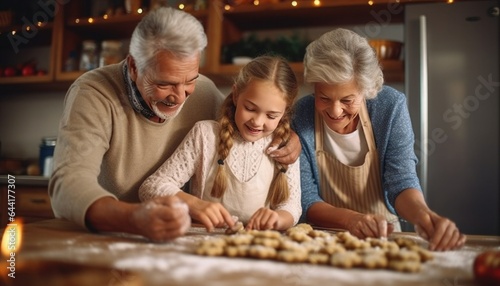Happy grandparents baking Christmas cookies  family holiday baking  generations bonding