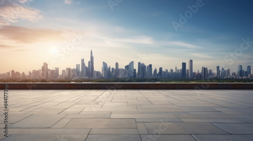 Empty brick concrete floor and modern cityscape with blue sky. Background copyspace concept © ReneLa/Peopleimages - AI