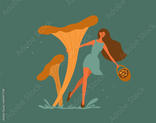 Mushroom picking female dance. Young woman character dancing hugging chanterelles. Autumn vibe, harvest season. Girl in dress with mushrooms basket walking in meadow. Isolated art vector illustration
