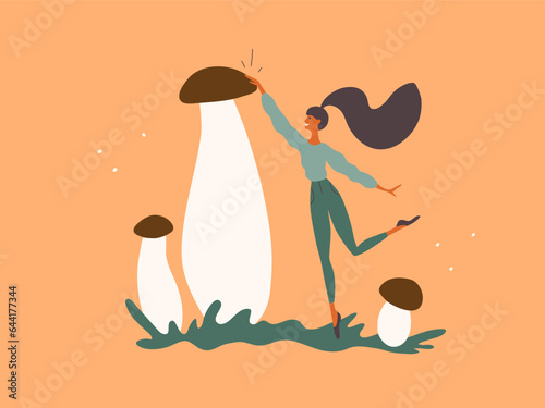 Mushrooms glade. Young woman character reaches out hand to mushroom cap. Girl mushroomer standing in front of big boletus. Female picking mushroom. Autumn, harvest porcini isolated vector illustration