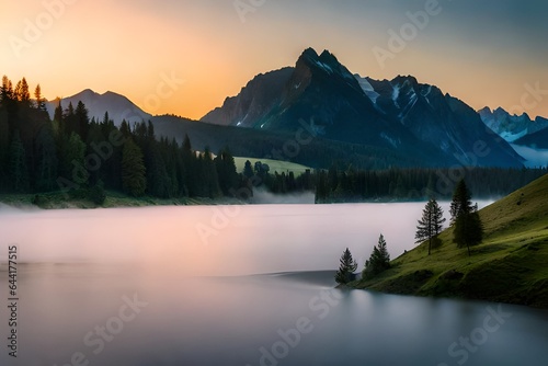 Carpathian mountains dawn amid the summertime fog. Beautiful mountain valley sight in the morning. Background of the natural world's beauty. post-processed image in an artistic manner