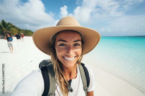 Happy traveler woman with b...