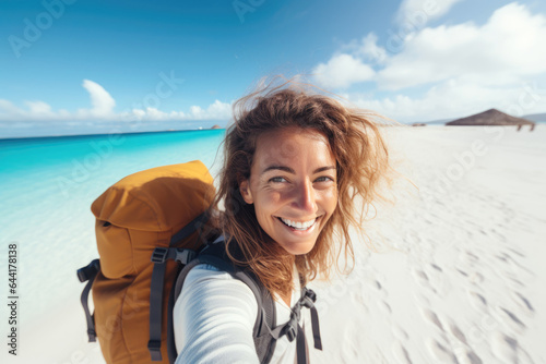 Happy traveler woman with b...