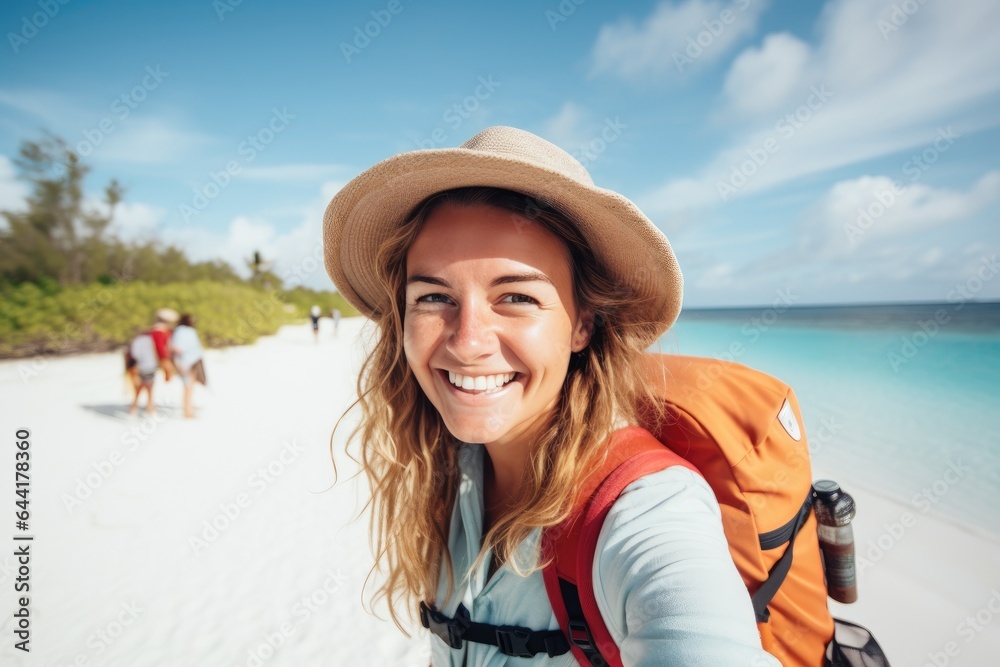 Happy traveler woman with backpack taking selfie in white sand of the Maldives. Generative AI
