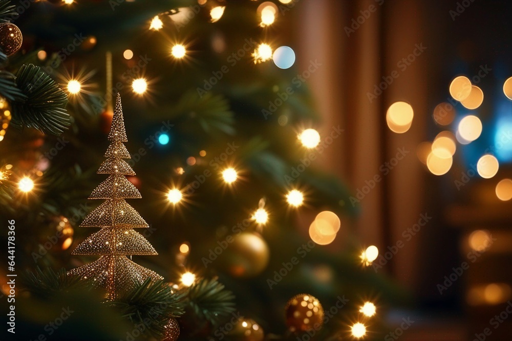 Beautiful Decorated Christmas tree, Abstract bokeh background. Christmas eve concept.