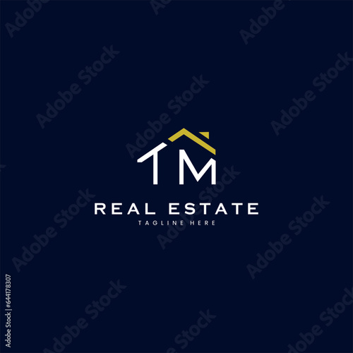 modern TM letter real estate logo in linear style with simple roof building in blue