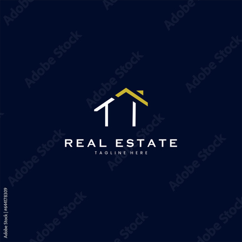modern TI letter real estate logo in linear style with simple roof building in blue