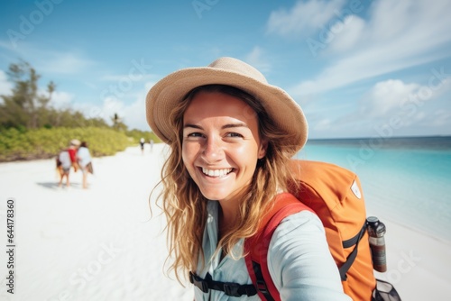 Happy traveler woman with b...