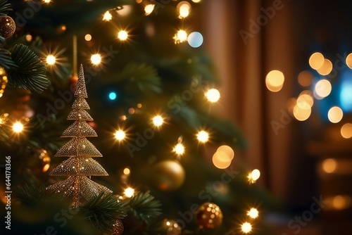 Beautiful Decorated Christmas tree, Abstract bokeh background. Christmas eve concept.